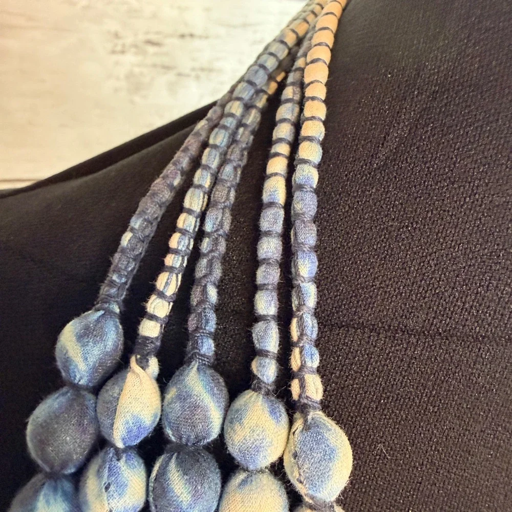 Indigo Blue Tie Dye Cloth Bead Multi Strand Statement Necklace Boho 5 Strand